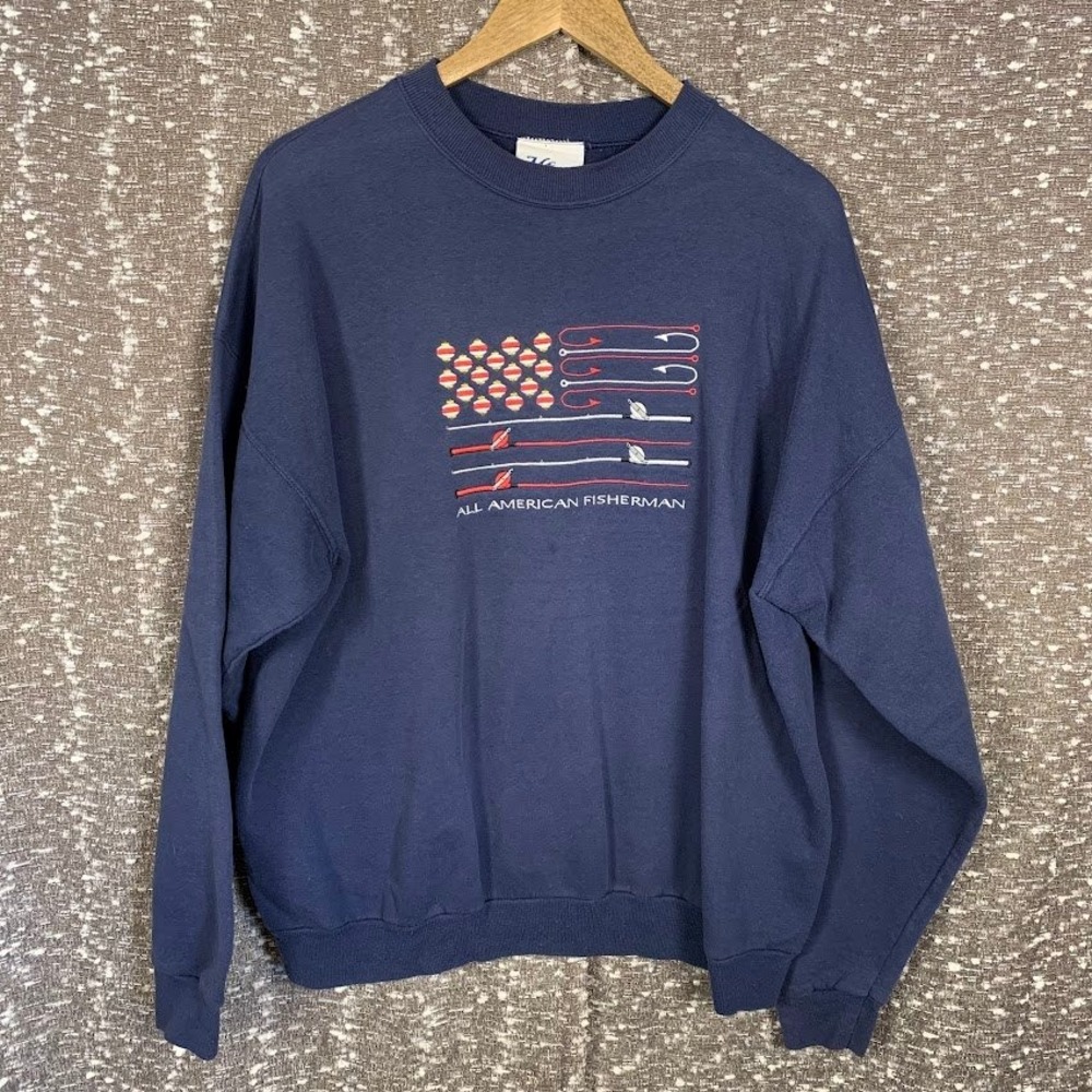MC Sport All American Fisherman Sweatshirt Mens XL Vintage Embroidered Fishing